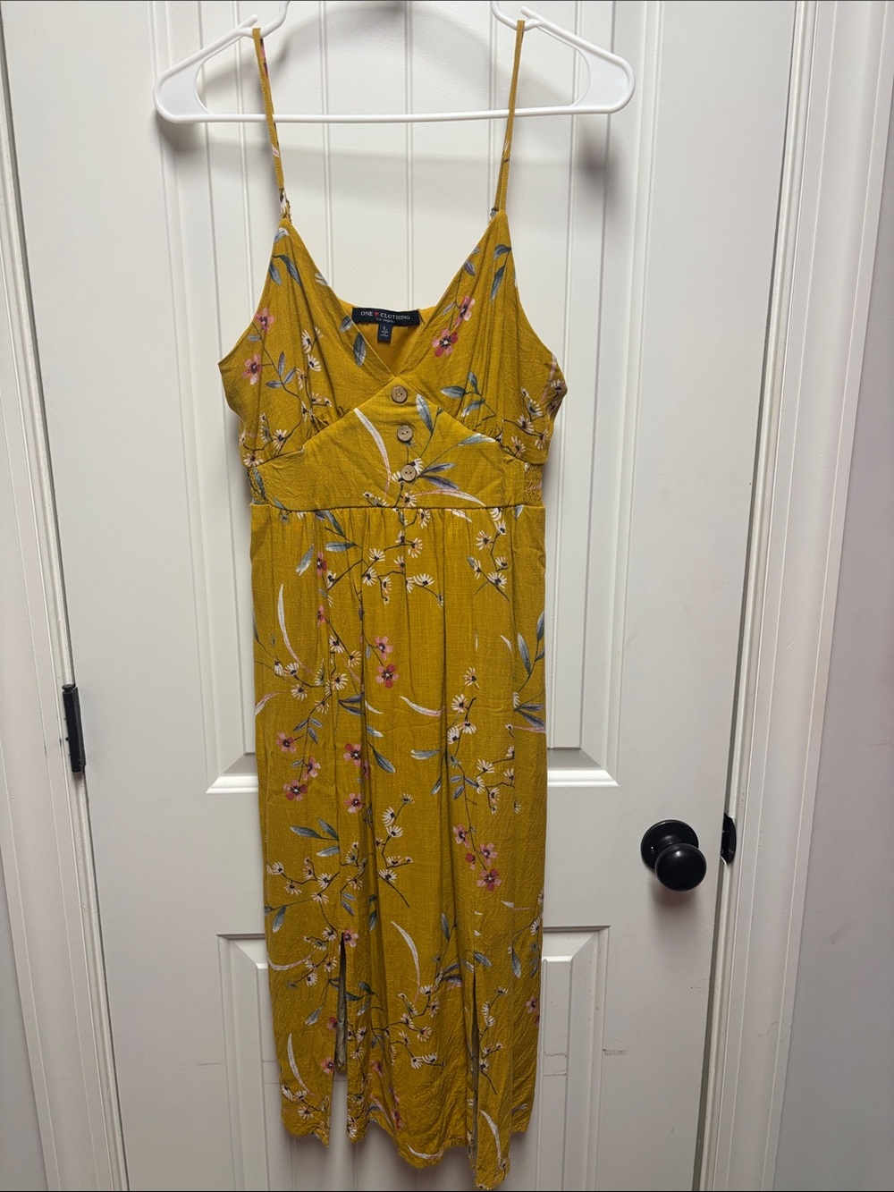 Yellow Floral Midi Dress with Spaghetti Straps